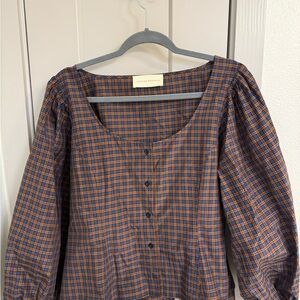 Loeffler Randall Blue and Orange Plaid Blouse